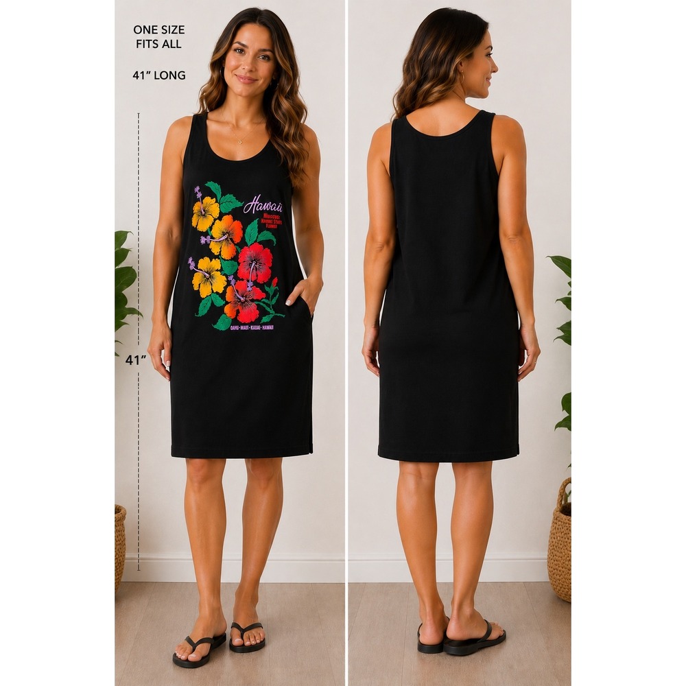 Vintage Anvil Hawaii Hibiscus Floral Graphic Tank Top Dress Black OSFA‎ USA Made